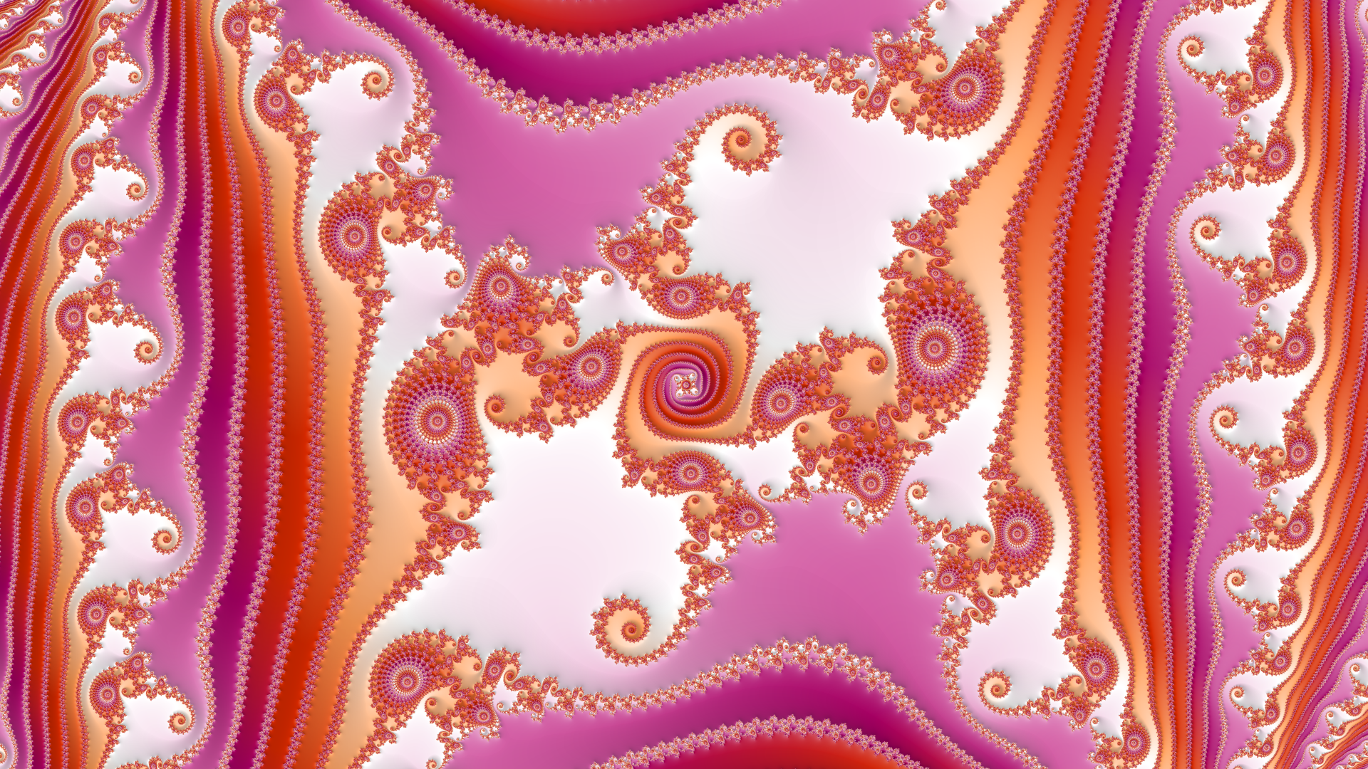 a mandelbrot fractal render with the colors of the lesbian pride flag